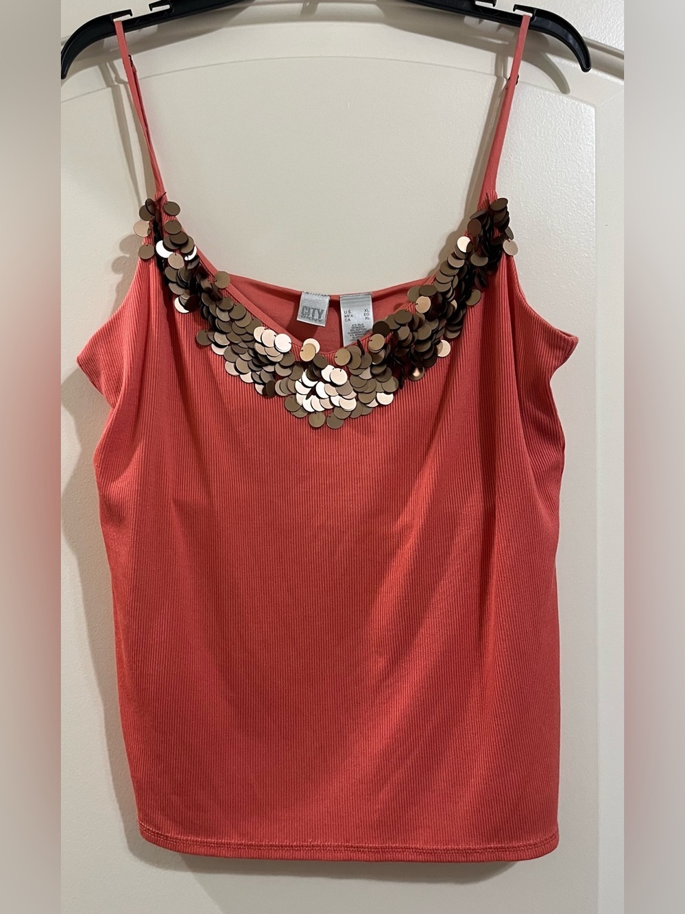 DKNY City SILK Coral Peach Ribbed Tank with Copper Gold Sequin Neckline XL